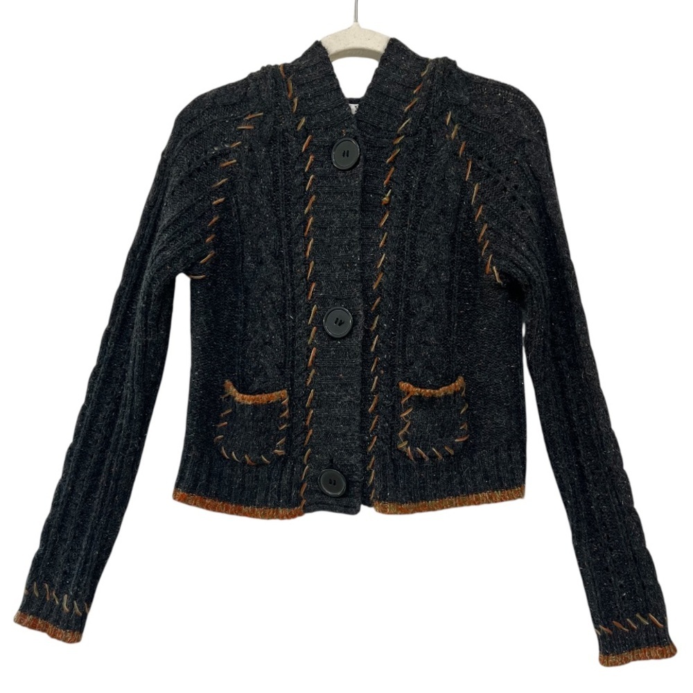 Pout Wool Blend Hooded Cropped Cardigan Sweater with Embroidered Stitching